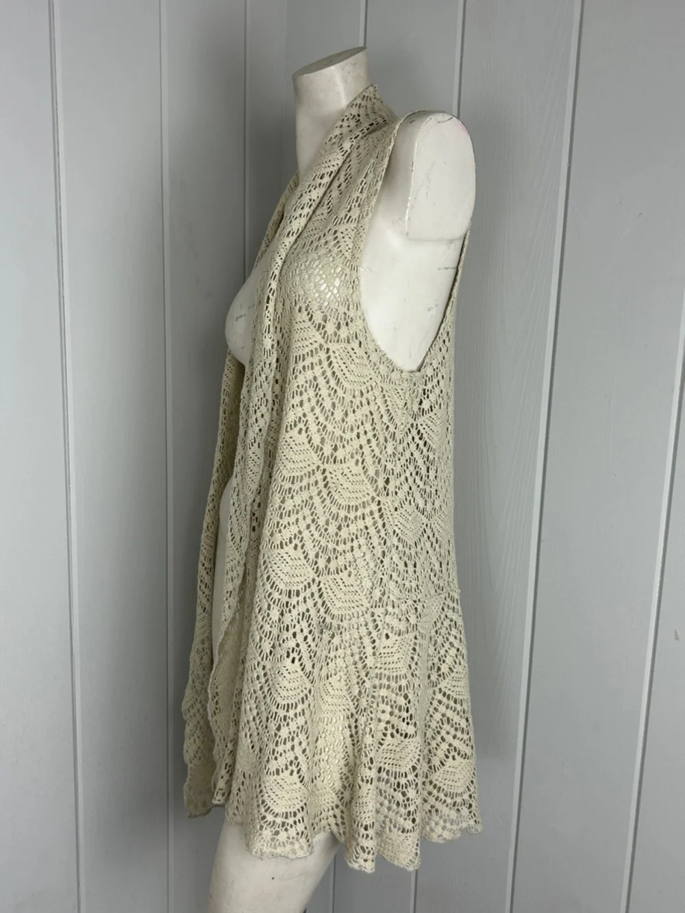 Katie Todd Boho Crochet Lace Open Front Vest Cardigan Large Ivory Festival